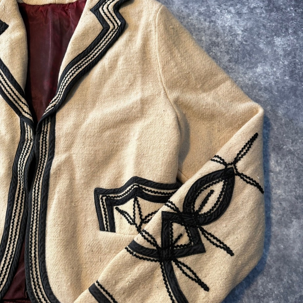 Vintage Soutache Embroidered Wool Jacket Beige Black Western Boho Cropped Blazer - Picture 5 of 9